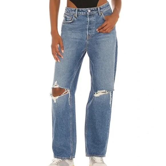 GRLFRND The Amanda Mid-Rise Loose Boyfriend Jean in Medium Blue Wash, Size 24